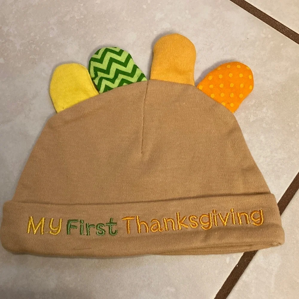 Tan Thanksgiving Baby Hat and Bib Set